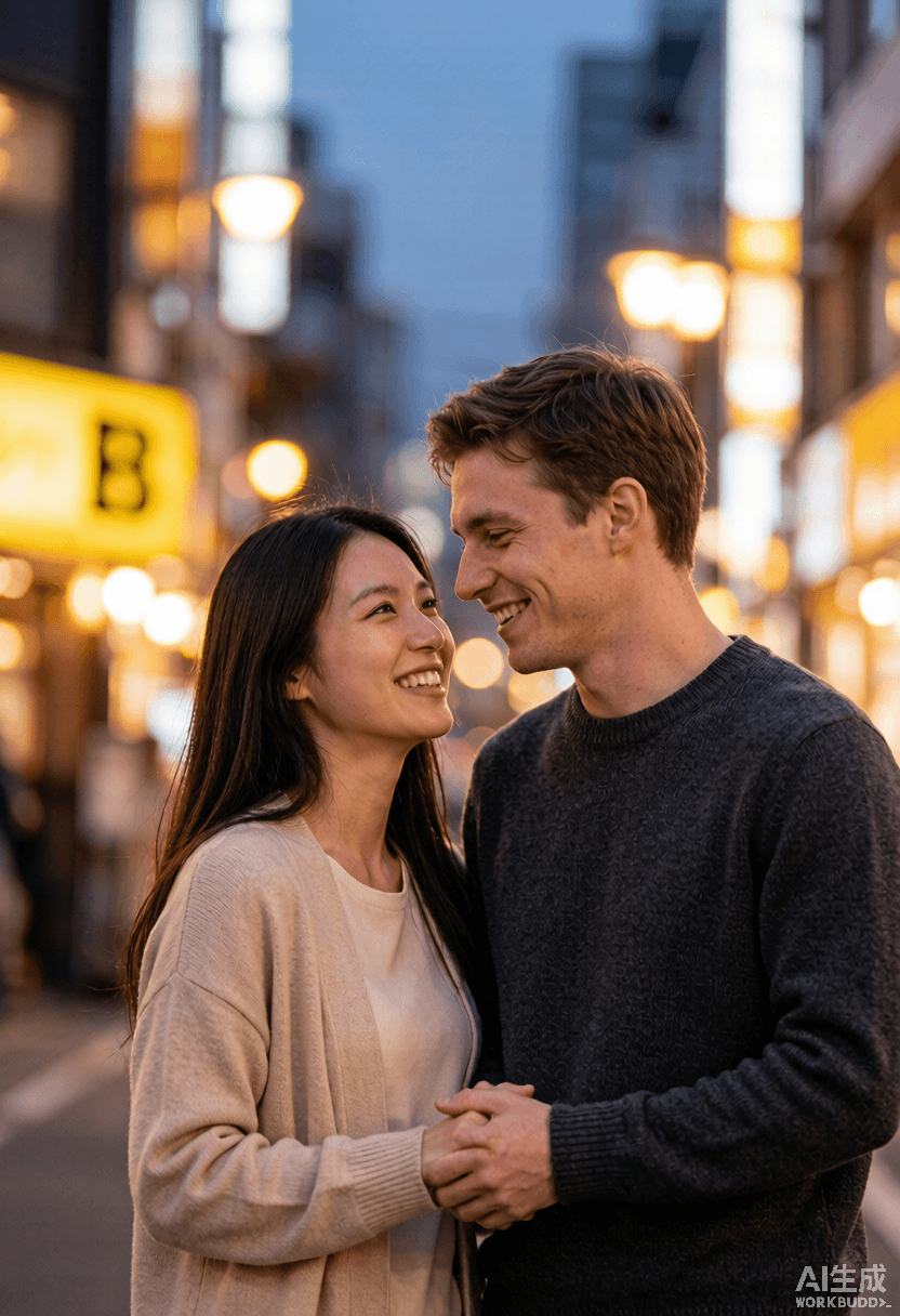 東京の街で過ごす外国人男性と日本人女性の国際カップル